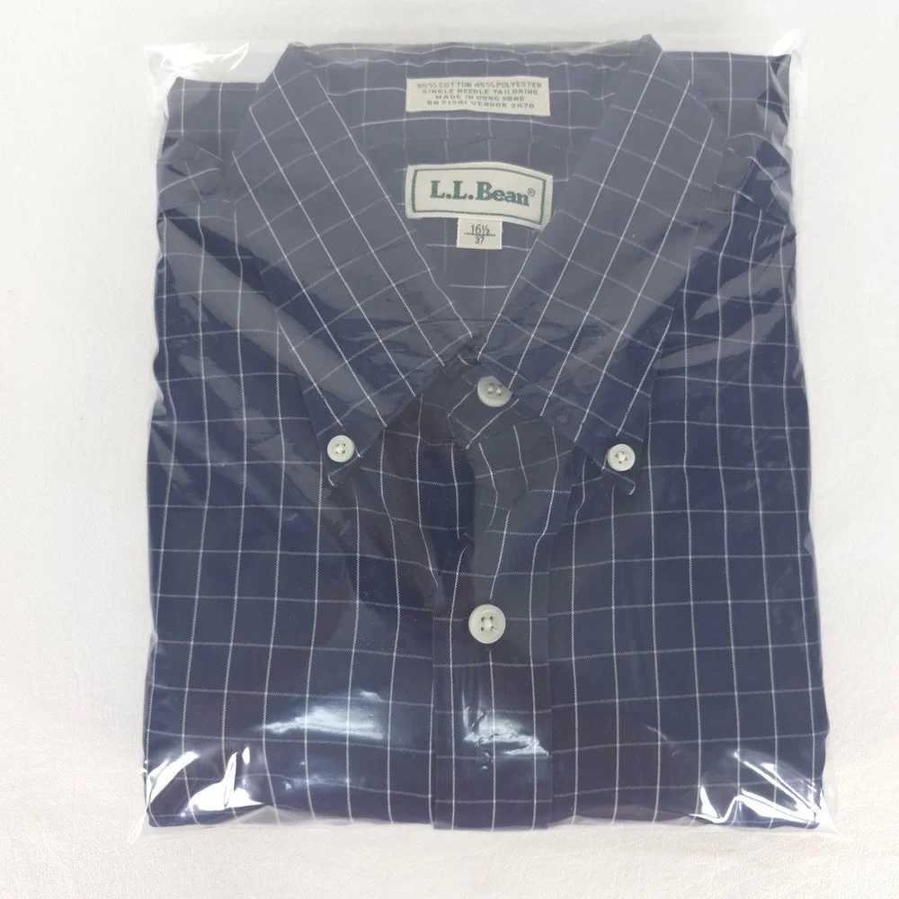 LL Bean Button Down Shirt Mens Large Navy Blue Check Long Sleeve Office Business - Picture 7 of 15